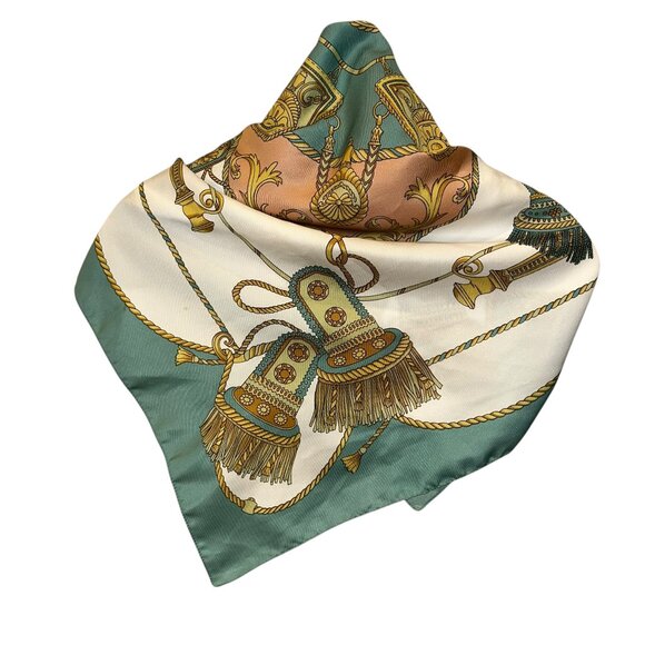 teal gold Italy vintage baroque tassels print scarf - Picture 2 of 4